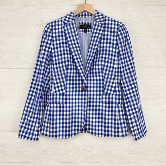 J.Crew Campbell Linen Blazer‎ Size 4 Gingham Blue Casual Office Career Preppy - Picture 2 of 16
